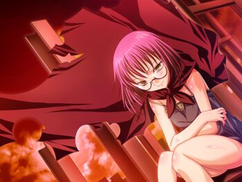 1girl brown_eyes cape game_cg glasses harem_party kubota_anzu pink_hair short_hair