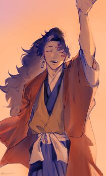 1boy absurdres arm_behind_back arm_up bandage_on_face bandages black_robe closed_eyes cowboy_shot curtained_hair earrings facing_viewer high_ponytail highres jacket jewelry kimetsu_no_yaiba logicsterrr long_hair male_focus messy_hair open_mouth orange_jacket ponytail robe solo teeth tsugikuni_yoriichi upper_teeth_only vest waving wind yellow_vest