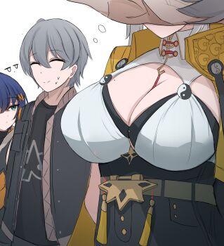 1boy 2girls absurdres belle_(zenless_zone_zero) breast_focus breasts brother_and_sister closed_eyes distracted_boyfriend_(meme) girl_staring_at_guy&#039;s_chest_(meme) grey_hair highres large_breasts mole mole_on_chest multiple_girls namikare paid_reward_available siblings smile wise_(zenless_zone_zero) yin_yang_pin yixuan_(zenless_zone_zero) zenless_zone_zero