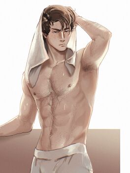 Rule 34 | 1boy, abs, armpit hair, brown hair, closed mouth, commentary, english commentary, highres, male focus, navel, nipples, original, pants, short hair, solo, standing, tamayula hl, toned, toned male, towel, white background, white pants
