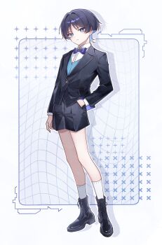 1boy alternate_costume arms_at_sides black_boots black_hair black_jacket black_shorts black_sleeves black_suit blue_eyes blue_hair blue_vest blunt_ends boots bow bowtie bright_pupils choppy_bangs closed_mouth colored_inner_hair commentary_request contemporary contrapposto dress_shirt dress_shorts drop_shadow expressionless formal_clothes full_body genshin_impact hair_intakes hand_in_pocket highres jacket kuro774_n lace-up_boots lapels layered_sleeves long_sleeves looking_at_viewer male_focus multicolored_hair purple_bow purple_bowtie scaramouche_(genshin_impact) shirt shoes shorts solo suit suit_jacket undershirt vest white_pupils white_shirt white_shoes white_sleeves wing_collar