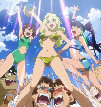 00s 3girls 6+boys anime_screenshot arms_up ball barinbo beach_volleyball bikini blonde_hair blue_sky blush breasts brown_hair clothing_cutout cloud day gabal_docker glasses highres holding holding_ball jogan kidd_coega kinon_bachika kittan_bachika kiyal_bachika kiyoh_bachika legs makken multiple_boys multiple_girls navel navel_cutout one-piece_swimsuit playing_sports purple_hair siblings side-tie_bikini_bottom sisters sky smile stitched sunlight swimsuit tengen_toppa_gurren_lagann thighs third-party_edit twintails underboob view_between_legs volleyball volleyball_(object) zoushi_kanai
