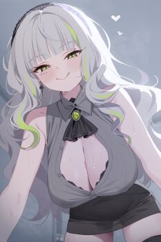 1girl :q ascot bare_arms black_ascot black_bra black_hairband black_skirt black_thighhighs blunt_bangs bra bra_peek breasts brooch cleavage collared_shirt commentary_request covered_erect_nipples deyui earrings firenze_(stella_sora) green_eyes green_streaks hairband highres jewelry large_breasts long_hair looking_at_viewer miniskirt multicolored_hair partially_unbuttoned pencil_skirt see-through_clothes see-through_skirt shirt shirt_tucked_in sidelocks skirt sleeveless sleeveless_shirt smile solo stella_sora streaked_hair thighhighs tongue tongue_out underwear very_long_hair