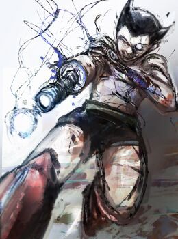 Rule 34 | 1boy, aiming, aiming at viewer, android, arm cannon, atom (tetsuwan atom), battle damage, black hair, boots, boxers, damaged, energy ball, exposed internal machinery, full body, hand on own arm, highres, knee boots, kyezzzz, looking at viewer, male focus, male underwear, powering up, red boots, robot, short hair, solo, tetsuwan atom, topless male, underwear, v-shaped eyes, weapon