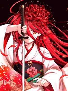1girl alternate_costume arm_up child closed_mouth commentary_request flower hair_flower hair_ornament highres holding holding_sword holding_weapon japanese_clothes katana kimono long_hair long_sleeves looking_at_viewer obi petals red_eyes red_flower red_hair sash shakugan_no_shana shana solo spider_lily sword tachitsu_teto v-shaped_eyebrows very_long_hair weapon white_kimono wide_sleeves