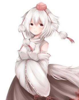 1girl black_skirt breasts chikuwa_savy closed_mouth commentary_request cowboy_shot detached_sleeves double-parted_bangs hands_in_opposite_sleeves hat inubashiri_momiji large_breasts long_sleeves pom_pom_(clothes) red_eyes red_hat ribbon-trimmed_sleeves ribbon_trim shirt short_hair simple_background skirt solo standing tail tokin_hat touhou turtleneck turtleneck_shirt white_background white_hair white_shirt white_sleeves wide_sleeves wolf_girl wolf_tail