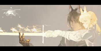 absurdres aged_down animal_ear_fluff animal_ears arknights blonde_hair closed_mouth commentary_request energy_sword from_side gauntlets grey_background highres horse_boy horse_ears horse_girl letterboxed long_hair long_sleeves mlynar_(arknights) nearl_(arknights) nini7793 orange_eyes parted_bangs ponytail profile short_hair sword teaching uncle_and_niece upper_body weapon