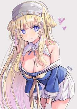 Rule 34 | 1girl, absurdres, blonde hair, blue shirt, breasts, cleavage, commentary request, detached collar, double bun, fletcher (kancolle), fletcher kai (kancolle), folded hair, gloves, hair bun, hair ornament, hairband, heart, highres, hizaka, kantai collection, large breasts, long hair, metal hairband, neckerchief, one-hour drawing challenge, pleated skirt, purple eyes, sailor collar, sailor shirt, shirt, skirt, solo, star (symbol), star hair ornament, star ornament, white gloves, white sailor collar, white skirt, yellow neckerchief