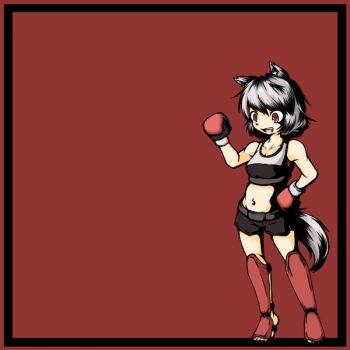 Rule 34 | 1girl, alternate costume, animal ear fluff, animal ears, belt, black bow, black shorts, black sports bra, bow, boxing gloves, brown belt, collarbone, commentary request, fang, grey hair, hand on own hip, inubashiri momiji, kickboxing, kujiraya, midriff, navel, open mouth, partial commentary, red background, red eyes, shin guards, short hair, short shorts, shorts, smile, solo, sports bra, swept bangs, tail, teeth, tiptoes, touhou, two-tone sports bra, upper teeth only, white sports bra, white wrist cuffs, wolf ears, wolf girl, wolf tail, wrist cuffs