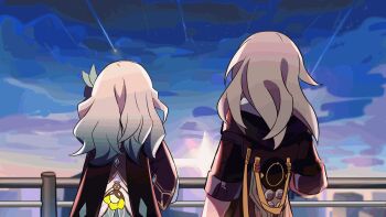 2girls animated animated_gif aqua_skirt black_hairband black_jacket bow bowtie chibi city coat collared_shirt cropped_jacket dawn firefly_(honkai:_star_rail) floating_hair grey_hair hair_ornament hairband highres honkai:_star_rail honkai_(series) jacket kylinleng long_hair long_sleeves multiple_girls ribbon shirt shooting_star skirt sky star_(sky) starry_sky stelle_(honkai:_star_rail) trailblazer_(honkai:_star_rail) yuri