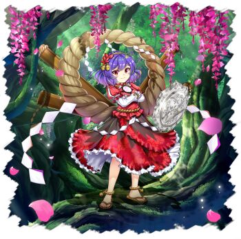 1girl aged_down black_skirt breasts child closed_mouth crossed_arms falling_petals flower forest frilled_skirt frills full_body game_cg hair_ornament highres layered_sleeves leaf leaf_hair_ornament long_sleeves looking_at_viewer maple_leaf medium_hair mirror multicolored_skirt nature official_art onbashira outdoors petals pink_flower pink_petals purple_hair red_eyes red_shirt red_skirt rope rotte_(1109) sandals shide shimenawa shirt short_over_long_sleeves short_sleeves skirt smile solo standing third-party_source touhou touhou_lostword transparent_background tree two-tone_skirt wisteria yasaka_kanako yasaka_kanako_(moriya&#039;s_official_tiny_god)