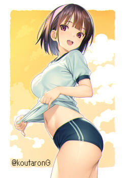1girl ass blue_buruma breasts brown_hair buruma clothes_lift gym_shirt gym_uniform koutaro lifting_own_clothes looking_at_viewer orange_background original purple_eyes shirt shirt_lift solo stomach thighs white_shirt