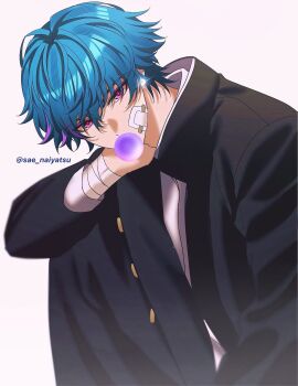 Rule 34 | 1boy, alternate costume, bandage on face, bandaged arm, bandages, black jacket, blowing bubble gum, blue hair, brant (wuthering waves), chewing gum, commentary, earrings, gakuran, grey background, highres, jacket, jewelry, knee up, looking at viewer, male focus, multicolored hair, pink eyes, sae naiyatsu, school uniform, short hair, simple background, sitting, solo, streaked hair, symbol-only commentary, twitter username, white background, wuthering waves