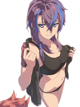1girl black_panties black_sports_bra blue_hair chiharu_(9654784) closed_mouth crossed_bangs double-parted_bangs eiyuu_densetsu hair_between_eyes highres jorda_eldarion kai_no_kiseki kuro_no_kiseki_(series) long_hair looking_at_viewer midriff multicolored_hair navel panties purple_eyes purple_hair short_sleeves simple_background single_sidelock smile solo sports_bra sports_panties stomach streaked_hair two-tone_hair underwear undressing white_background