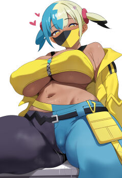 1girl absurdres alternate_breast_size_(larger) aqua_hair aqua_pants bare_shoulders belt black_belt black_hair black_pants blonde_hair blush breasts bright_pupils canari_(pokemon) cleavage commentary_request crop_top dark-skinned_female dark_skin dush_1154 heart highres huge_breasts jacket looking_at_viewer mask mouth_mask multicolored_eyes multicolored_mask navel nintendo open_clothes open_jacket pants plump pokemon pokemon_legends:_z-a pussy_juice pussy_juice_drip_through_clothes simple_background sitting solo stomach sweat twintails two-tone_pants underboob white_background white_pupils yellow_jacket