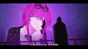 1girl 1other artist_name black_gloves black_jacket blade_runner_(series) blade_runner_2049 blurry blurry_background building chromatic_aberration closed_mouth collared_shirt earrings eyewear_on_head film_grain glasses gloves half_gloves hand_on_own_face honkai:_star_rail honkai_(series) jacket jacket_on_shoulders jewelry kafka_(honkai:_star_rail) letterboxed long_hair looking_at_another meme missing_commentary outdoors pince-nez purple_eyes purple_hair railing rain round_eyewear shirt smile srpzk sunglasses white_shirt you_look_lonely_(meme)