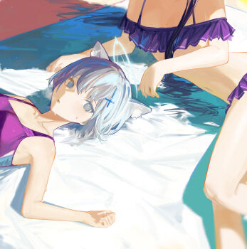 2girls absurdres animal_ear_fluff animal_ears bikini black_hair blue_archive blue_eyes blue_halo blush breasts commentary flat_chest frilled_bikini frills gohanduck grey_hair halo highres long_hair lying multiple_girls off-shoulder_bikini off_shoulder official_alternate_costume on_back on_side one-piece_swimsuit open_mouth purple_bikini purple_one-piece_swimsuit serika_(blue_archive) serika_(swimsuit)_(blue_archive) shiroko_(blue_archive) shiroko_(swimsuit)_(blue_archive) short_hair small_breasts sweatdrop swimsuit wolf_ears wolf_girl