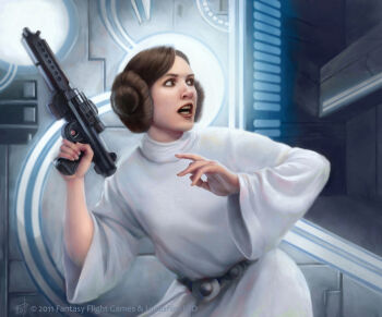1girl absurdres brown_eyes brown_hair double_bun dress english_text gun hair_bun highres holding holding_gun holding_weapon looking_to_the_side open_mouth princess_leia solo spacecraft_interior star_wars star_wars:_a_new_hope tony_foti weapon white_dress