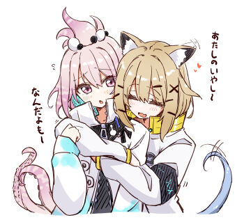 Rule 34 | 2girls, afterimage, animal ear fluff, animal ears, arknights, blonde hair, blush, closed eyes, commentary request, cropped torso, fang, hair between eyes, hair ornament, heart, highres, hug, infection monitor (arknights), jacket, kirara (arknights), long sleeves, maiq06, multiple girls, no nose, open mouth, pink eyes, pink hair, short hair, simple background, skin fang, tail, tentacle tail, translation request, utage (arknights), white background, white jacket, x hair ornament, yuri