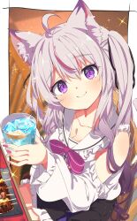 Rule 34 | 1girl, absurdres, ahoge, animal ear fluff, animal ears, black skirt, blush, bow, cat ears, cat girl, collarbone, commentary request, commission, copyright request, cup, food, highres, holding, holding cup, long hair, looking at viewer, purple eyes, shiro9jira, shirt, side ponytail, skeb commission, skirt, smle, solo, very long hair, white shirt