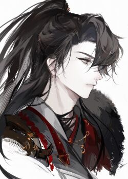 1boy armor bishounen black_hair black_hanfu cape chinese_clothes chinese_commentary closed_mouth from_side fur-trimmed_cape fur_trim grey_eyes half_updo hanfu high_ponytail highres hu_erta jewelry long_hair looking_ahead looking_down looking_to_the_side male_focus meng_renjian nidexintu ponytail portrait profile red_cape shoulder_armor simple_background solo upper_body white_background