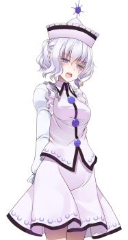 Rule 34 | 1girl, arms behind back, blush, buttons, collared shirt, commentary request, cowboy shot, crescent print, crote, frilled shirt, frilled sleeves, frills, hair between eyes, half-closed eyes, hat, highres, juliet sleeves, large variant set, long sleeves, looking at viewer, medium skirt, merlin prismriver, open mouth, pink hat, pink shirt, pink skirt, puffy sleeves, purple eyes, shirt, short hair, skirt, solo, standing, tachi-e, teeth, touhou, transparent background, upper teeth only, v-shaped eyebrows, variant set, white hair, white shirt