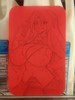 1girl animal_ears borrowed_character breasts bursting_breasts chetrippo cleavage closed_mouth collared_shirt covered_erect_nipples cow_ears cow_girl cow_horns cow_tail cowbell english_text hair_intakes hair_over_shoulder highres horns huge_breasts long_hair looking_at_viewer mattie_(ego_trigger) milk_carton original photo_(medium) shirt sidelocks sketch skirt solo sound_effects tail traditional_media upper_body