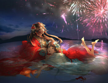 2girls absurdres aerial_fireworks aqua_eyes back_bow bare_legs barefoot black_hair blue_eyes blue_flower blue_kimono blunt_bangs bow bubble checkered_sash commentary_request curious daifukutaberuyo dot_nose eyelashes fireworks fish floral_print flower full_body gloves goldfish goldfish_girl_(miracle_nikki) gourd hair_flower hair_ornament hand_on_another&#039;s_head happy highres holding holding_gourd japanese_clothes kimono kneeling light_particles long_hair looking_at_viewer lying miracle_nikki miss_goldfish_(miracle_nikki) multiple_girls night nikki_(series) obi on_stomach open_mouth outdoors partially_submerged reaching red_bow red_flower red_kimono redrawn ripples sash short_hair short_kimono smile splashing tareme tassel tassel_hair_ornament toes very_long_hair white_gloves white_sash wide_sleeves