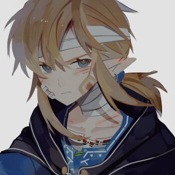 1boy a15179222 bandaged_head bandaged_neck bandages bandaid bandaid_on_cheek bandaid_on_face black_cloak blonde_hair blue_eyes blue_tunic clenched_teeth cloak earrings hair_between_eyes hair_tie highres injury jewelry link low_ponytail male_focus medium_hair nintendo parted_lips pointy_ears ponytail sidelocks solo teeth the_legend_of_zelda the_legend_of_zelda:_breath_of_the_wild tunic twitter_username upper_body