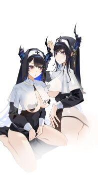 1girl absurdres ass asymmetrical_horns barefoot black_coif black_dress black_hair black_panties blue_hair breastless_clothes breasts capelet colored_inner_hair commentary dress english_commentary flower full_body heart_pasties highres hololive hololive_english horn_flower horns large_breasts long_hair long_sleeves mole mole_under_eye multicolored_hair multiple_views nerissa_ravencroft nun panties pasties pelvic_curtain purple_eyes see-through_capelet see-through_clothes simple_background sleeve_cuffs soles thekaiyip thong underwear uneven_horns very_long_hair virtual_youtuber white_background white_capelet