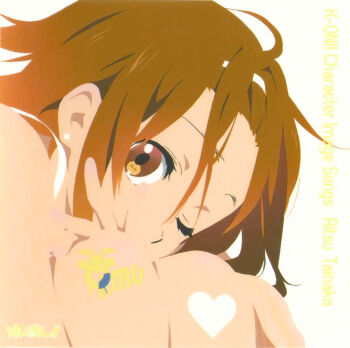 1girl album_cover bare_shoulders bodypaint brown_eyes brown_hair character_single cover dress female_focus heart highres horiguchi_yukiko hugging_own_legs k-on! knees official_art one_eye_closed reference_work scan simple_background solo tainaka_ritsu wink