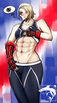 1girl abs abs_focus bare_shoulders basedshark blonde_hair blue_eyes breasts cammy_white crop_top fingerless_gloves gloves highres looking_to_the_side medium_breasts pants scar scar_on_face short_hair sleeveless street_fighter street_fighter_6