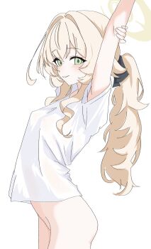 1girl armpits arms_up ass blonde_hair blue_archive bottomless bow breasts cowboy_shot facing_to_the_side green_eyes grin hair_between_eyes hair_bow halo highres kamitosayu looking_at_viewer no_panties ponytail professor_niyaniya_(blue_archive) see-through_clothes see-through_shirt shirt side_ahoge sidelocks simple_background small_breasts smile solo t-shirt white_background white_shirt yellow_halo