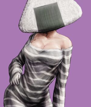 1girl bare_shoulders breasts collarbone food gloves hand_on_own_hip highres hololive large_breasts long_sleeves nymph_rhythm object_head onigiri onigirya_(nekomata_okayu) purple_background shirt simple_background solo striped_clothes striped_shirt white_gloves