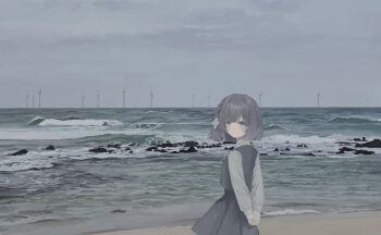 1girl absurdres arms_behind_back beach black_skirt black_vest blue_ribbon blush braid collared_shirt commentary flower from_behind gakuen_idolmaster grey_sky hair_flower hair_ornament hataya_misuzu hatsuboshi_gakuen_school_uniform highres horizon idolmaster looking_at_viewer looking_back medium_hair neck_ribbon ocean outdoors overcast own_hands_together pleated_skirt purple_eyes purple_hair ribbon sand scenery school_uniform shirt side_braid skirt sky smile solo split_mouth swept_bangs timesoe vest water waves white_flower white_shirt wide_shot wind_turbine windmill