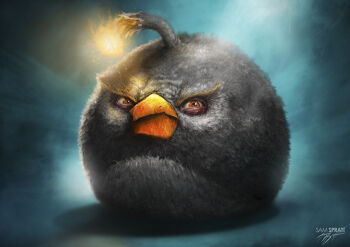 1boy angry angry_birds animal_focus artist_name beak bird black_feathers blue_background bomb bomb_(angry_birds) explosive feathers full_body lit_fuse looking_at_viewer orange_eyes realistic sam_spratt signature solo