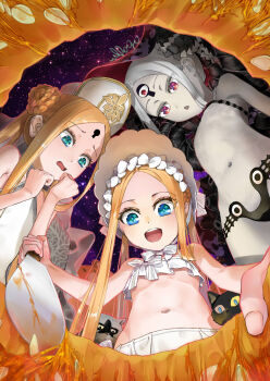3girls abigail_williams_(fate) abigail_williams_(swimsuit_foreigner)_(fate) abigail_williams_(swimsuit_foreigner)_(first_ascension)_(fate) abigail_williams_(swimsuit_foreigner)_(second_ascension)_(fate) abigail_williams_(swimsuit_foreigner)_(third_ascension)_(fate) bikini blonde_hair blue_eyes bonnet cat commentary_request fate/grand_order fate_(series) forehead grey_hair halloween hat highres holding holding_knife keyhole knife long_hair mitre multiple_girls multiple_persona navel open_mouth parted_bangs pumpkin red_eyes rori_chuushin sky star_(sky) starry_sky swimsuit third_eye