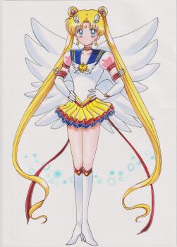 absurdres bishoujo_senshi_sailor_moon bishoujo_senshi_sailor_moon_stars blonde_hair blue_eyes blue_sailor_collar blue_skirt boots brooch chikoto_(kztc4472) choker collarbone crescent crescent_earrings crescent_facial_mark double_bun earrings elbow_gloves eternal_sailor_moon facial_mark forehead_mark full_body gloves hair_bun hair_ornament heart heart_brooch highres jewelry knee_boots layered_skirt long_hair magical_girl pink_sleeves puffy_short_sleeves puffy_sleeves red_choker red_skirt sailor_collar sailor_moon sailor_senshi sailor_senshi_uniform short_sleeves skirt star_(symbol) star_earrings traditional_media tsukino_usagi twintails white_boots white_gloves wing_brooch wings yellow_skirt