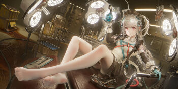 apron bed black_dress black_sleeves blue_gloves blush brown_eyes chinese_commentary closed_mouth collared_dress commentary_request commission detached_sleeves dress embarrassed frilled_dress frills full_body gloves grey_hair hand_up hat highres holding hospital hospital_bed indoors johnblack legs long_hair looking_at_viewer multicolored_dress multicolored_sleeves no_shoes nurse nurse_cap on_bed original scissors sitting soles sweatdrop syringe toenails toes two-tone_dress two-tone_sleeves white_apron white_background white_dress white_sleeves