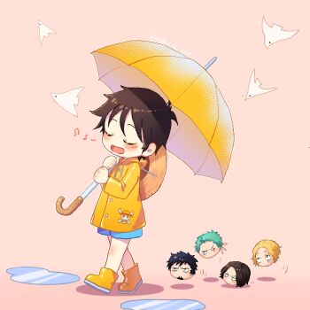 5boys bird black_hair blonde_hair blue_shorts blush boots burn_scar chibi earrings facial_hair facial_scar floating_head following freckles full_body goatee green_hair hat hat_on_back jewelry looking_at_another male_focus moko_(gloriaaaaaa) monkey_d._luffy multiple_boys music one_eye_closed one_piece open_mouth pink_background portgas_d._ace puddle raincoat roronoa_zoro rubber_boots sabo_(one_piece) scar scar_across_eye scar_on_cheek scar_on_face short_hair shorts simple_background singing single_earring smile straw_hat trafalgar_law umbrella yellow_raincoat yellow_umbrella