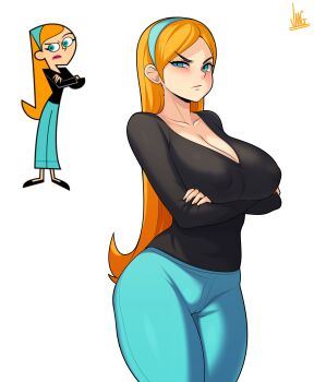 1girl alternate_breast_size aqua_eyes aqua_hairband aqua_pants arms_under_breasts artist_name black_shirt blue_hairband blue_pants blush breasts cameltoe cleavage closed_mouth collarbone covered_erect_nipples cowboy_shot crossed_arms danny_phantom derivative_work hairband highres jasmine_fenton jmg large_breasts long_hair long_sleeves orange_hair pants photo-referenced reference_work shirt signature simple_background solo very_long_hair white_background