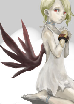 1girl artist_request barefoot blonde_hair bracelet breath_of_fire breath_of_fire_v closed_mouth commentary_request dress full-body_tattoo full_body highres jewelry lips looking_at_viewer nina_(breath_of_fire_v) red_eyes red_wings short_hair simple_background solo tattoo white_dress wing_clan_(breath_of_fire) wings