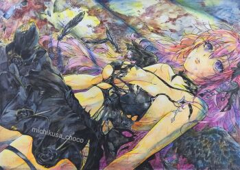 1girl artist_name bare_shoulders black_ribbon black_wings braid breasts cleavage collarbone colored_pencil_(medium) dirty dirty_face dorothy_(nikke) dorothy_(nostalgia)_(nikke) dress empty_eyes feathered_wings feathers goddess_of_victory:_nikke hair_bun hair_ribbon halter_dress halterneck highres injury large_breasts long_hair lying michikusa_choco navel official_alternate_costume on_back pblack_dress pink_hair purple_eyes ribbon solo torn_clothes torn_dress traditional_media wings