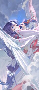 Rule 34 | 1girl, air (visual novel), bell, blue eyes, blue hair, cloud, feathered wings, floating tears, hair bell, hair ornament, hair ribbon, hashtag-only commentary, japanese clothes, kannabi no mikoto, kimono, long hair, long sleeves, low ponytail, ponytail, ppru, red ribbon, ribbon, sky, solo, tress ribbon, very long hair, white wings, wide sleeves, wings