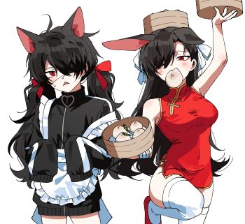 absurdres ahoge animal_ears apron arm_up black_track_suit blush bow cat_ears china_dress chinese_clothes commentary_request dress eyepatch fkqlckstm11 food genderswap genderswap_(mtf) hair_bow hair_over_one_eye hand_up heart highres holding_bamboo_steamer jersey_maid kemonomimi_mode korean_commentary leg_up long_hair longevity_peach_bun low_twintails maid maid_apron no_pants one_eye_closed ooe_(game) oosaki_(ooe) rabbit_ears red_bow red_eyes shinbashi_(ooe) short_dress sleeves_past_fingers sleeves_past_wrists steamed_bun sweatdrop thighhighs tight_clothes tight_dress track_suit twintails unconventional_maid wavy_hair white_bow zipper