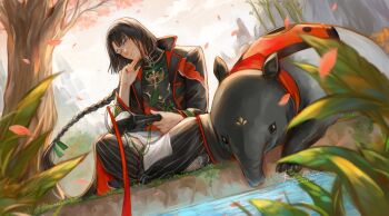 1boy absurdres black_hair blue_eyes chinese_clothes closed_mouth commentary_request fate/grand_order fate_(series) glint highres holding long_hair long_sleeves looking_at_viewer male_focus one_eye_closed outdoors petals renrenka_noi riverbank sibuxiang_(fate) signature sitting solo taigong_wang_(fate) tapir tree
