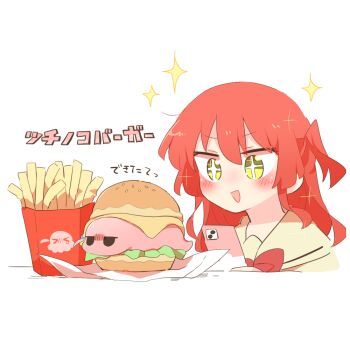 2girls :d blush bocchi_the_rock! burger cellphone cube_hair_ornament fast_food food french_fries gloom_(expression) gotoh_hitori gotoh_hitori_(octopus) gotoh_hitori_(tsuchinoko) hair_between_eyes hair_ornament in_food kita_ikuyo multiple_girls no_nose one_side_up open_mouth phone rebecca_(keinelove) red_hair school_uniform shuka_high_school_uniform smartphone smile sparkle sparkling_eyes tsuchinoko upper_body v-shaped_eyebrows white_background