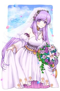 bare_shoulders blue_sky blush bouquet breasts bridal_gauntlets bridal_veil bride closed_mouth cloud dress fire_emblem fire_emblem:_genealogy_of_the_holy_war fire_emblem_heroes flower hair_flower hair_ornament highres holding holding_bouquet julia_(bride)_(fire_emblem) julia_(fire_emblem) layered_dress long_hair long_sleeves medium_breasts misato_hao nintendo official_alternate_costume pearl_hair_ornament petals purple_dress purple_eyes purple_hair see-through_clothes see-through_veil skirt_hold sky smile strapless strapless_dress veil wedding_dress white_dress