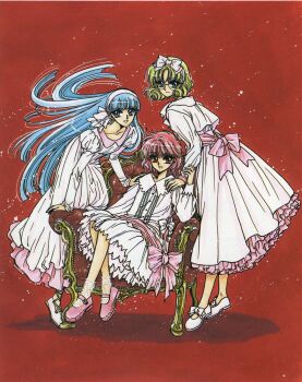 1990s_(style) 3girls blonde_hair blue_eyes blue_hair bow chair clamp dress full_body glasses green_eyes hair_ribbon hairband hand_on_shoulder hououji_fuu long_hair magic_knight_rayearth mary_janes multiple_girls official_art pink_hair red_background red_eyes retro_artstyle ribbon round_eyewear ryuuzaki_umi scan shidou_hikaru shoes sitting smile white_hairband