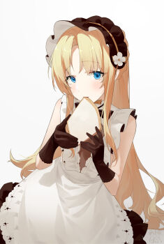 1girl absurdres azur_lane black_bonnet blonde_hair blue_eyes bonnet brown_gloves commentary_request dress flower gloves highres long_hair looking_at_viewer official_alternate_costume ping_zhong_yu simple_background sleeveless sleeveless_dress solo two-tone_dress vanguard_(azur_lane) vanguard_(half-hearted_masquerade)_(azur_lane) very_long_hair white_background white_dress white_flower